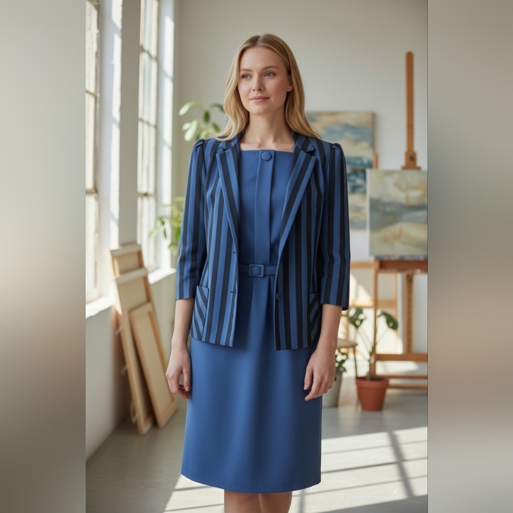 Vintage Blue and Black Striped Women's Blazer And Dress - Picture 3 of 16